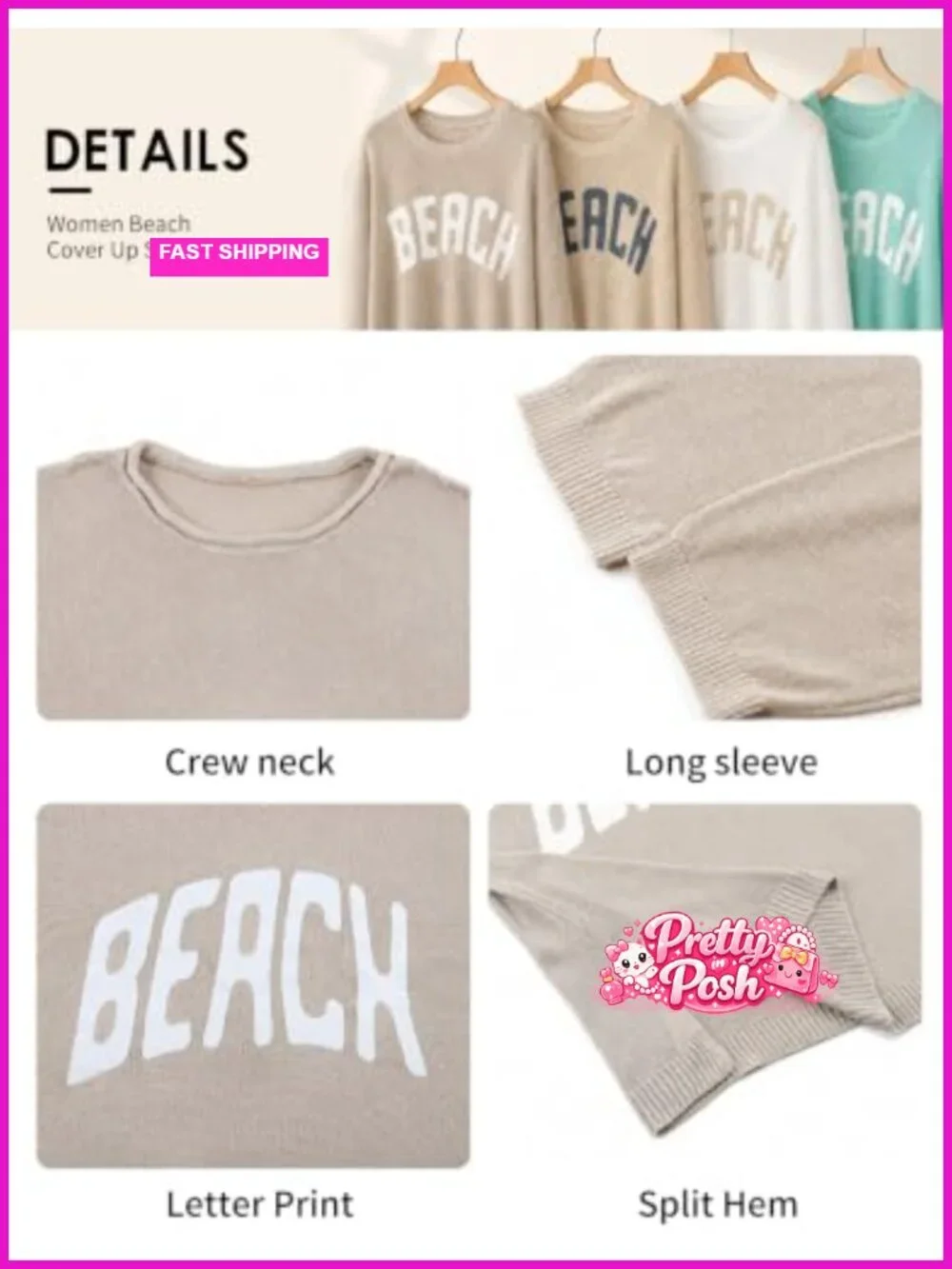 Beach Letter Print Knit Cover Up Sweater Top | Long Sleeve Crew Neck Split Hem